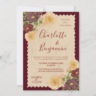 Elegant Vintage Burgundy Floral Wedding Invitation