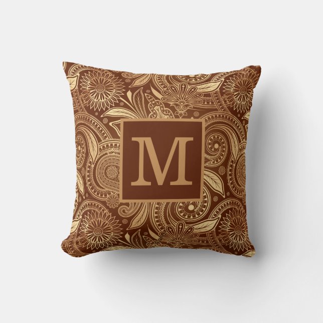 Elegant Vintage Burgundy Gold Paisley Monogram Cushion (Front)