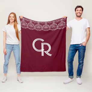 Elegant Vintage Burgundy Maroon White Lace Fleece  Blanket