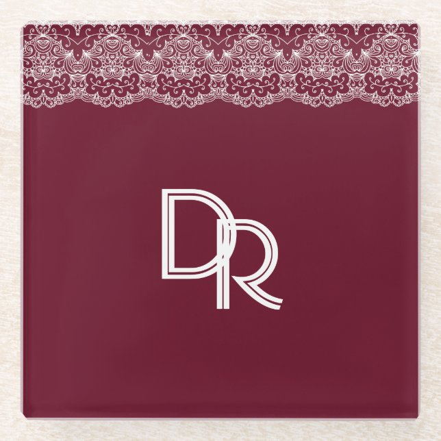 Elegant Vintage Burgundy Maroon White Lace Glass Coaster (Front)