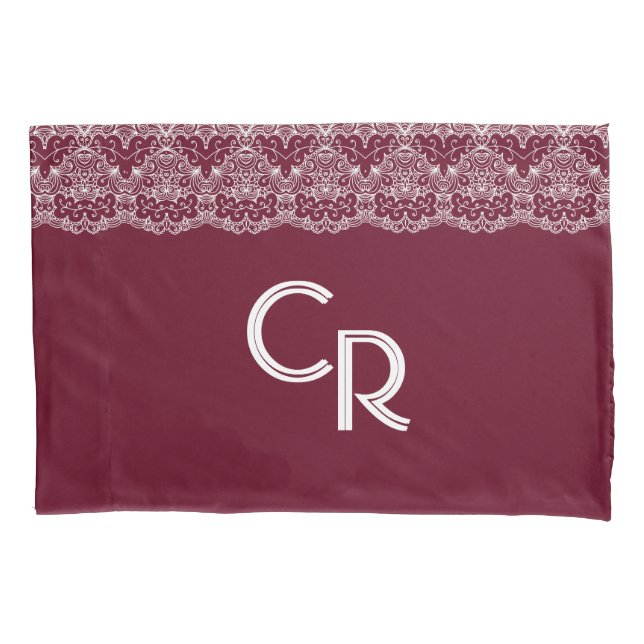 Elegant Vintage Burgundy Maroon White Lace Pillowcase (Front)