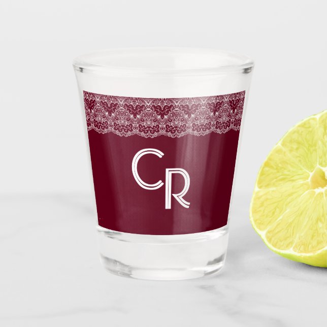 Elegant Vintage Burgundy Maroon White Lace Shot Glass (Front)