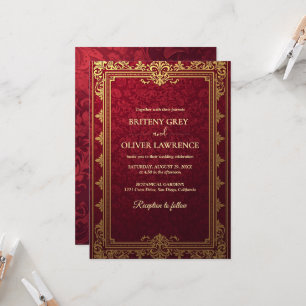 Elegant Vintage Burgundy red and Gold  Wedding Invitation
