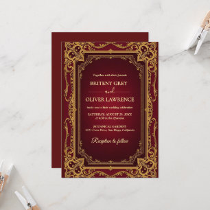 Elegant Vintage Burgundy red and Gold  Wedding Invitation