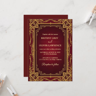 Elegant Vintage Burgundy red and Gold  Wedding Invitation