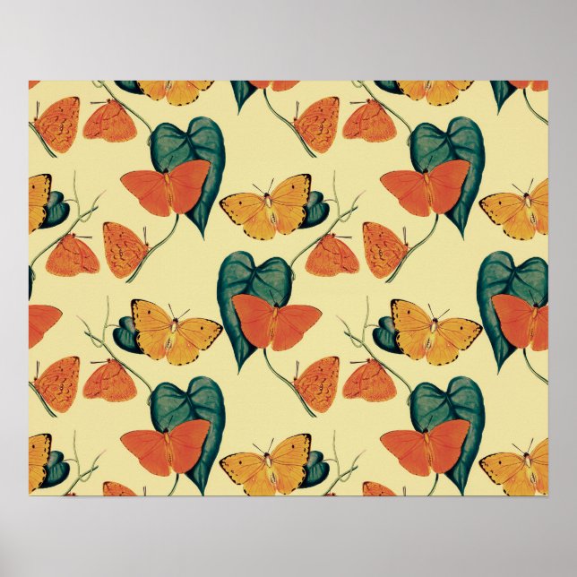 Elegant Vintage Butterflies and Leaves Pattern | Poster (Front)