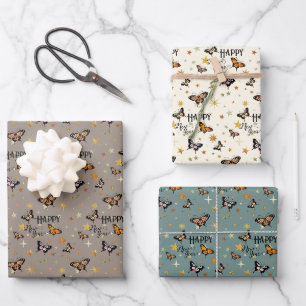 Elegant Vintage Butterflies & Stars Happy New Year Wrapping Paper Sheet