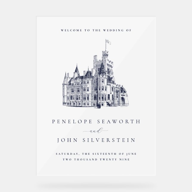 Elegant Vintage Castle Destination Wedding  Acrylic Sign (Front)