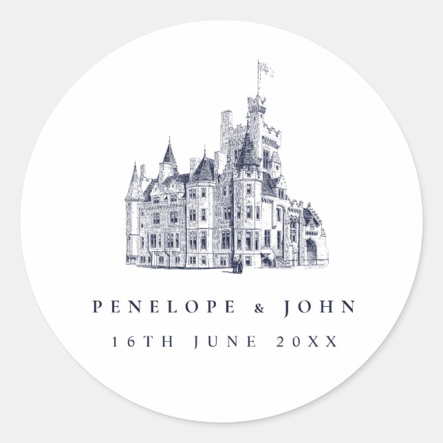 Elegant Vintage Castle Destination Wedding Classic Round Sticker (Front)