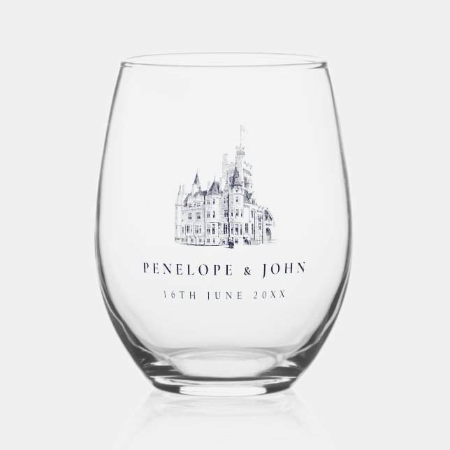 Elegant Vintage Castle Destination Wedding Stemless Wine Glass (Front)