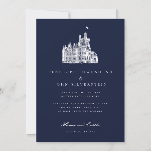 Elegant Vintage Castle Illustration Navy Wedding Invitation (Front)