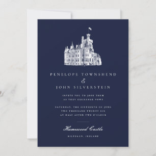 Elegant Vintage Castle Illustration Navy Wedding Invitation