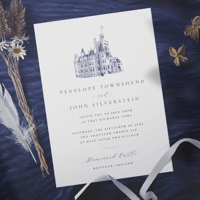 Elegant Vintage Castle Illustration Wedding Invitation (Minimalist weddingn invitation with small detailed illustration of a castle at the top)