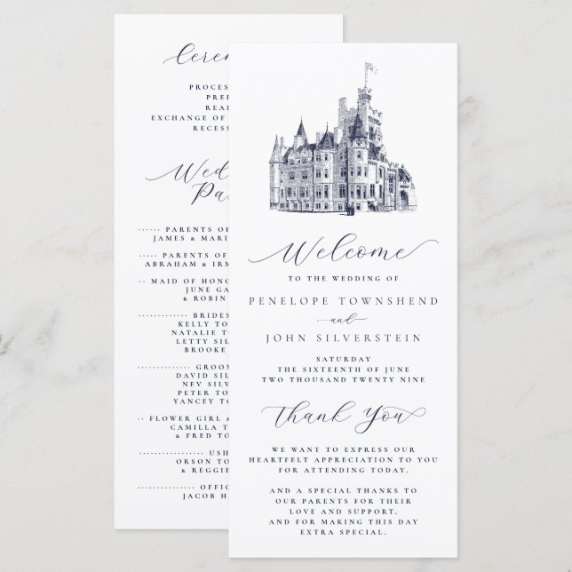 Elegant Vintage Castle Illustration Wedding Programme (Front/Back)