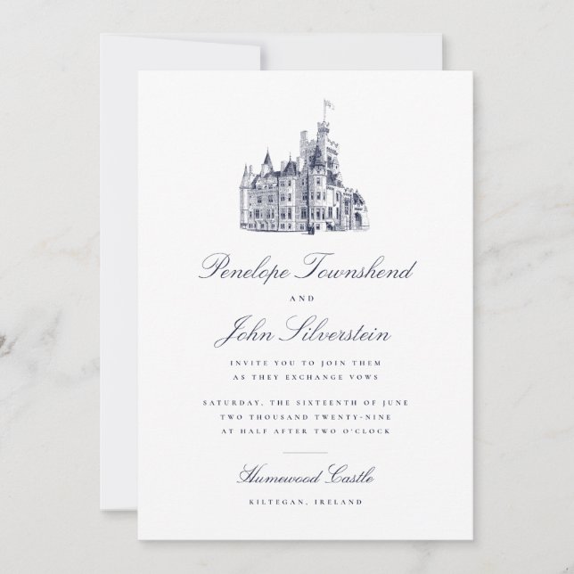 Elegant Vintage Castle Script Illustration Wedding Invitation (Front)