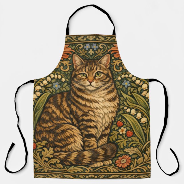 Elegant vintage cat floral botanical apron (Front)