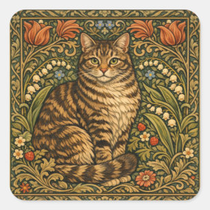 Elegant vintage cat floral botanical square sticker