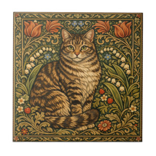 Elegant vintage cat floral botanical tile