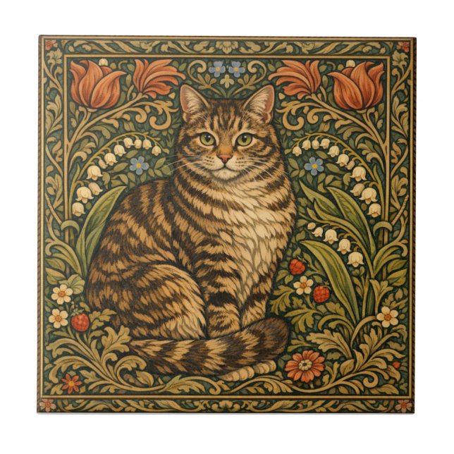 Elegant vintage cat floral botanical tile (Front)