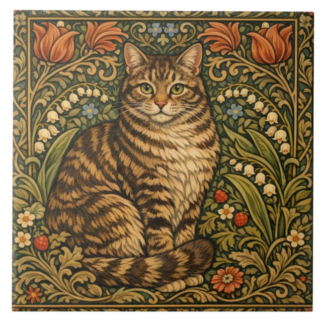 Elegant vintage cat floral botanical tile (Front)