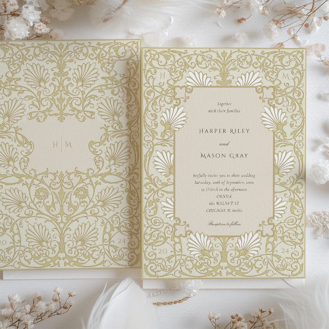 Elegant Vintage Champagne White Floral Wedding Invitation (Creator Uploaded)