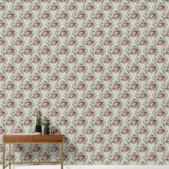 Elegant Vintage Chic Pink Rose on Sage Wallpaper (Hallway)