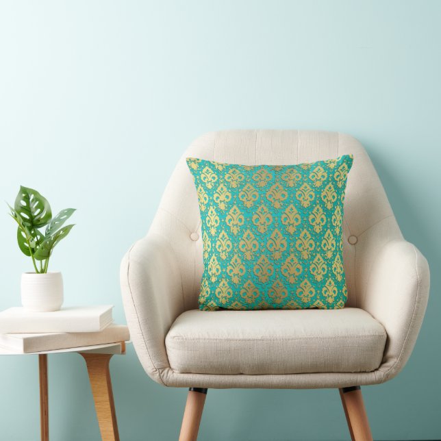 Elegant Vintage Chic Teal Gold Damask Cushion (Chair)