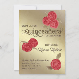 Elegant vintage chic watercolor red roses Quince Invitation