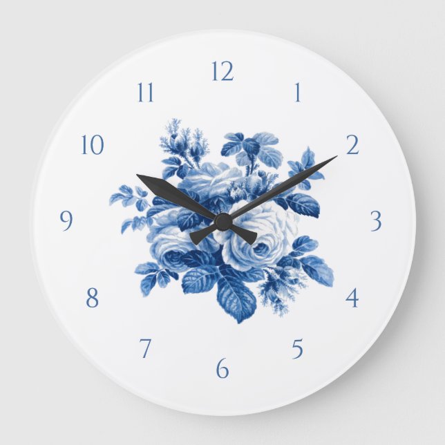 Elegant Vintage China Blue Roses Large Clock (Front)