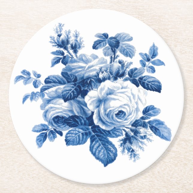 Elegant Vintage China Blue Roses Round Paper Coaster (Front)