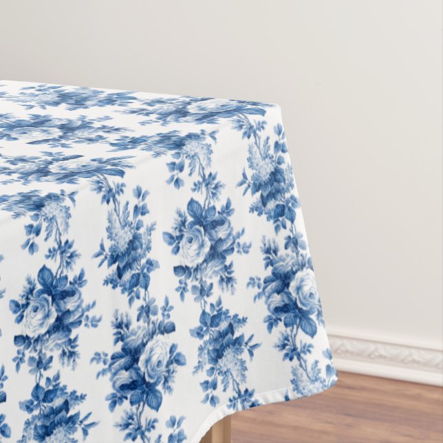 Elegant Vintage China Blue Roses Tablecloth (In Situ)