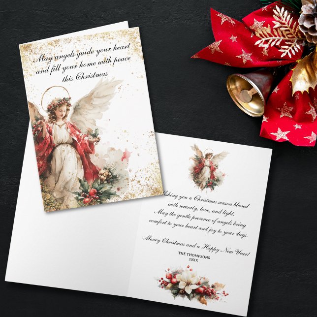 Elegant Vintage Christmas Angel Holiday Card (Watercolor Christmas card featuring a serene angel illustration with golden accents, )