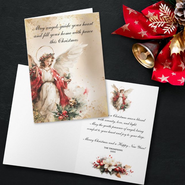 Elegant Vintage Christmas Angel Holiday Card (Watercolor Christmas card featuring a serene angel illustration with golden accents, symbolizing pea)