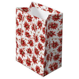 Elegant Vintage Christmas Cactus Flowers on White Medium Gift Bag