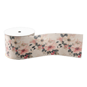 Elegant Vintage Christmas Floral & Berries Pink  Grosgrain Ribbon