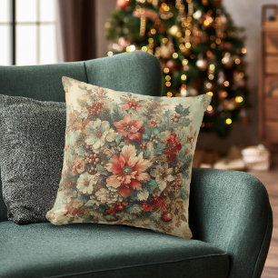Elegant Vintage Christmas Flowers Cushion