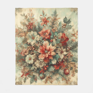Elegant Vintage Christmas Flowers Fleece Blanket