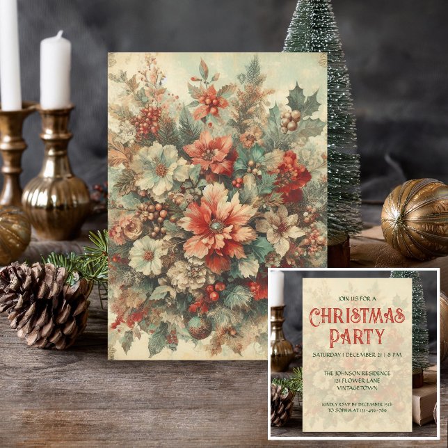 Elegant Vintage Christmas Flowers Party Invitation (Creator Uploaded)