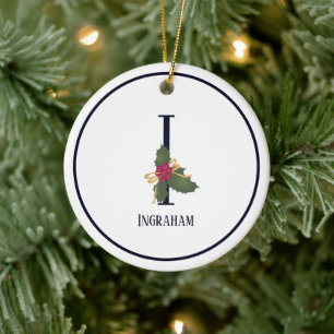 Elegant Vintage Christmas Monogram Initial I Ceramic Tree Decoration