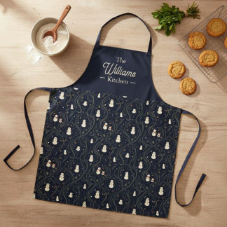Elegant Vintage Christmas Navy Snowman Family Name Apron