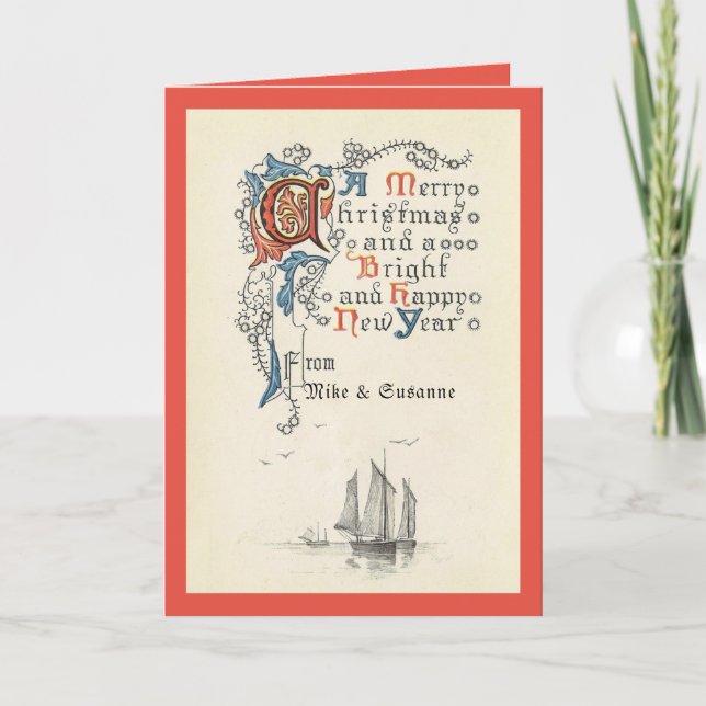 Elegant vintage Christmas New Year boat note card (Front)