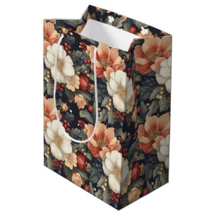 Elegant Vintage Christmas Poinsettia & Rose Floral Medium Gift Bag