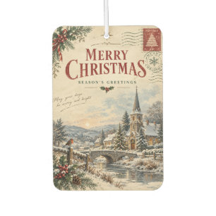 Elegant Vintage Christmas , Retro Postcard style Car Air Freshener