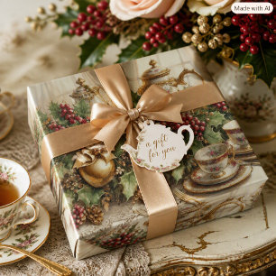 Elegant Vintage Christmas Teapot and Greenery Wrapping Paper