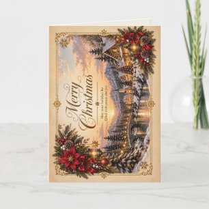 Elegant Vintage Christmas Winter Village Greeting Holiday Card