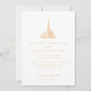 Elegant Vintage Church Illustration Gold Wedding Invitation
