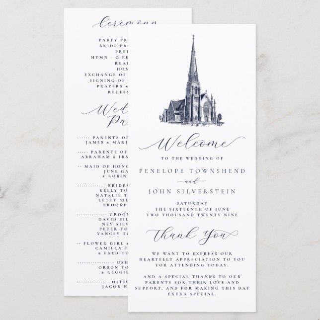Elegant Vintage Church Illustration Wedding Programme (Front/Back)