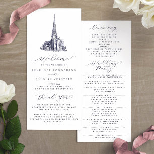 Elegant Vintage Church Illustration Wedding Programme