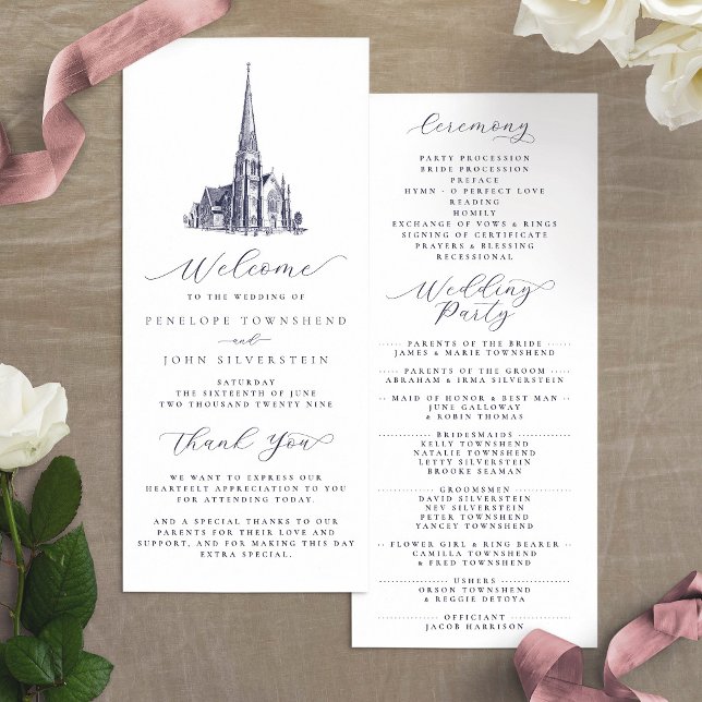 Elegant Vintage Church Illustration Wedding Programme (Elegant Vintage Church Illustration Wedding Program)