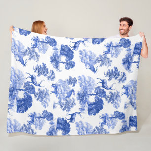 Elegant Vintage Classic Blue French Toile Deer Fleece Blanket